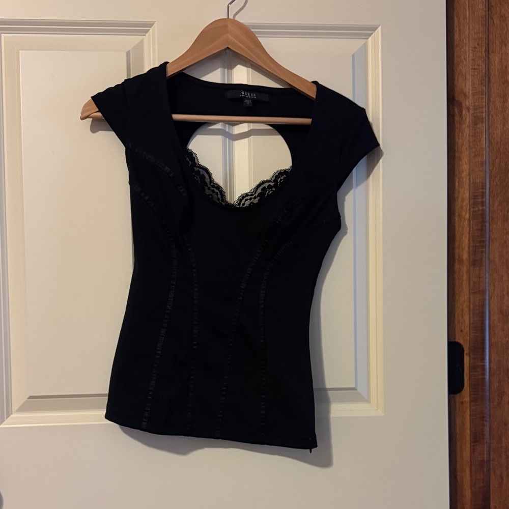 Guess Black Cap Sleeve top with Lace Detail and cut out back